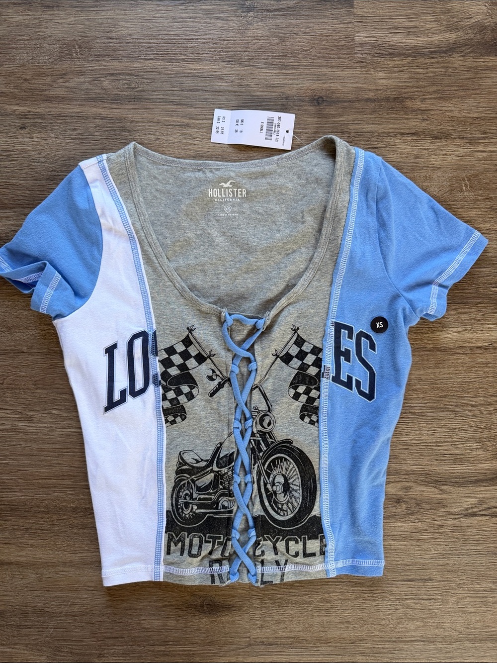 Hollister Colorblock Lace-Up Motorcycle Crop Top in Blue/Gray/White
